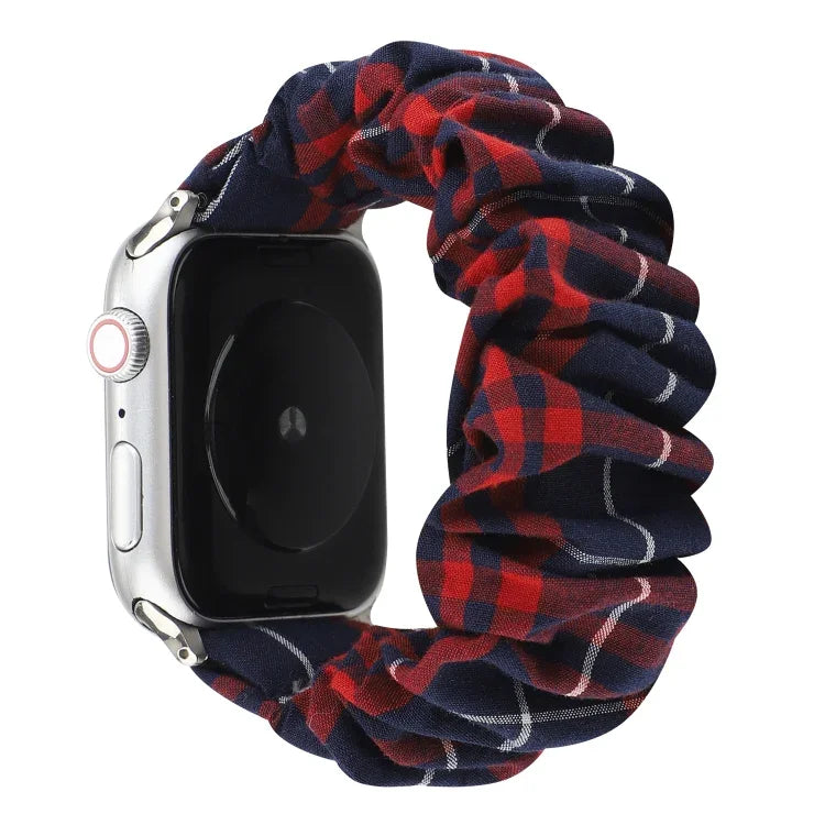 Plaid Flower Pattern Cloth Hair Ring Watchband, For Apple Watch Ultra 49mm / Series 8&7 45mm / SE 2&6&SE&5&4 44mm / 3&2&1 42mm, For Apple Watch Series 8&7 41mm / SE 2&6&SE&5&4 40mm / 3&2&1 38mm                                                           ...