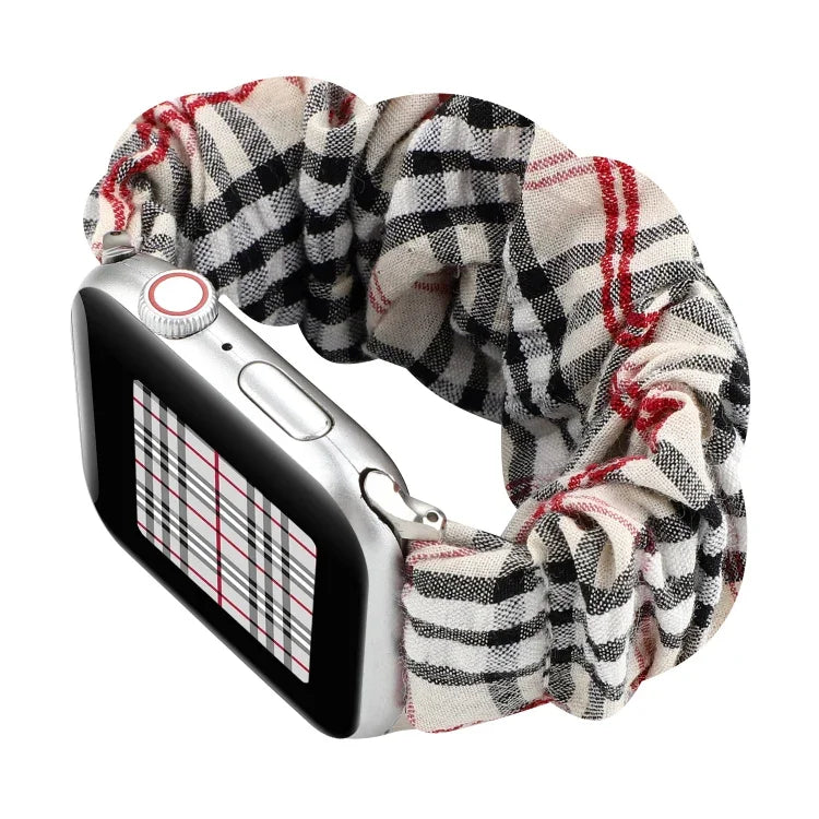 Plaid Flower Pattern Cloth Hair Ring Watchband, For Apple Watch Ultra 49mm / Series 8&7 45mm / SE 2&6&SE&5&4 44mm / 3&2&1 42mm, For Apple Watch Series 8&7 41mm / SE 2&6&SE&5&4 40mm / 3&2&1 38mm                                                           ...