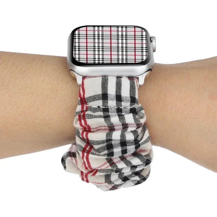 Plaid Flower Pattern Cloth Hair Ring Watchband, For Apple Watch Ultra 49mm / Series 8&7 45mm / SE 2&6&SE&5&4 44mm / 3&2&1 42mm, For Apple Watch Series 8&7 41mm / SE 2&6&SE&5&4 40mm / 3&2&1 38mm                                                           ...