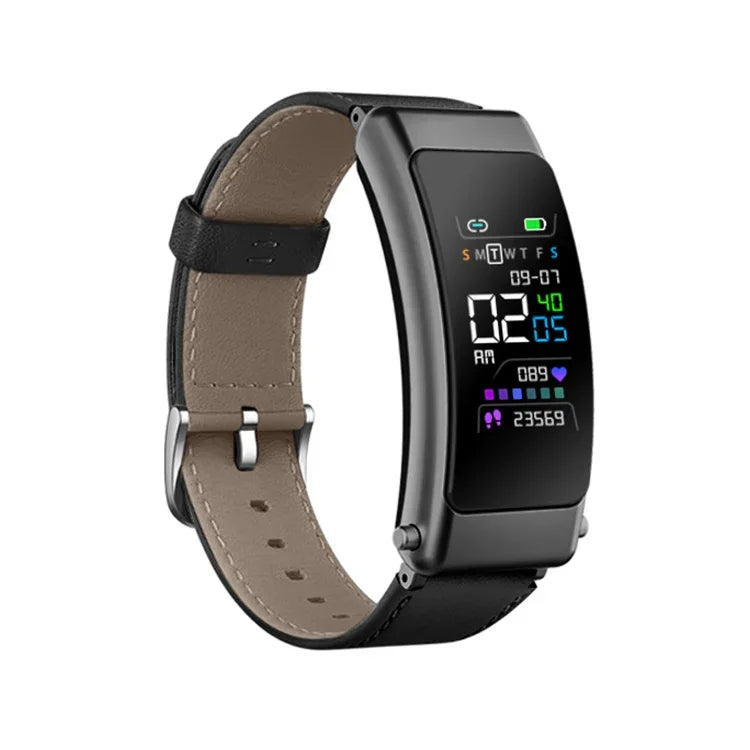 K50+ 0.96 inch Leather Band Earphone Detachable Life Waterproof Smart Watch Support Bluetooth Call, Leather Band (Black)