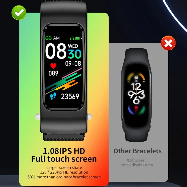 K60 1.08 inch Steel Band Earphone Detachable Life Waterproof Smart Watch Support Bluetooth Call, Steel Band (Black)