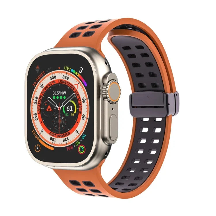 Magnetic Fold Clasp Square Holes Silicone Watch Band, For Apple Watch Series 8&7 45mm, For Apple Watch Series 8&7 41mm