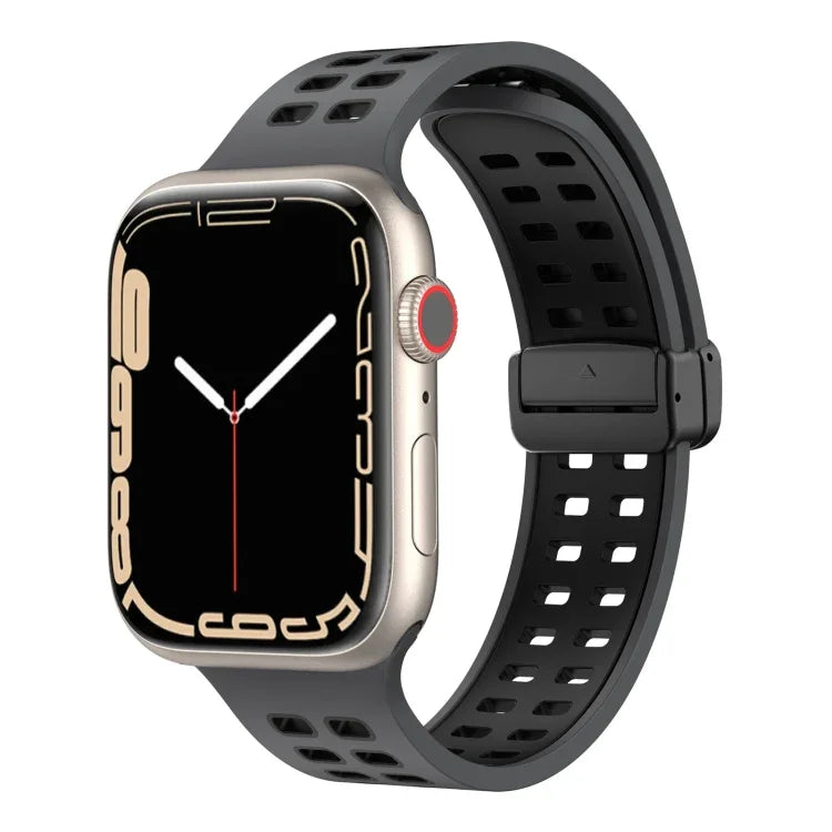 Magnetic Fold Clasp Square Holes Silicone Watch Band, For Apple Watch Series 8&7 45mm, For Apple Watch Series 8&7 41mm