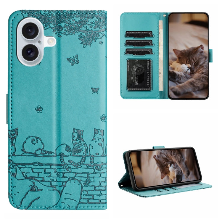 Cat Embossing Pattern Leather Phone Case with Lanyard, For iPhone 16e / 17e, For iPhone 17 Pro Max, For iPhone 17 Pro, For iPhone 17, For iPhone Air, For iPhone 16 Pro Max, For iPhone 16 Pro, For iPhone 16 Plus, For iPhone 16