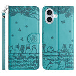 Cat Embossing Pattern Leather Phone Case with Lanyard, For iPhone 16e / 17e, For iPhone 17 Pro Max, For iPhone 17 Pro, For iPhone 17, For iPhone Air, For iPhone 16 Pro Max, For iPhone 16 Pro, For iPhone 16 Plus, For iPhone 16