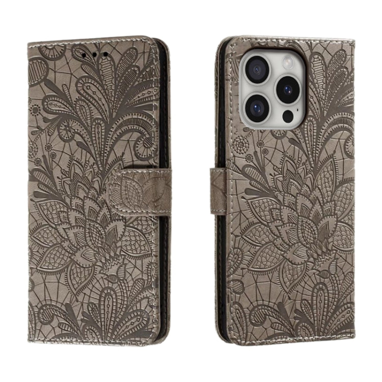 Lace Flower Embossing Flip Leather Phone Case, For iPhone 17e / 16e, For iPhone 17 Pro Max, For iPhone 17 Pro, For iPhone 17, For iPhone Air, For iPhone 16 Pro Max, For iPhone 16 Pro, For iPhone 16 Plus
