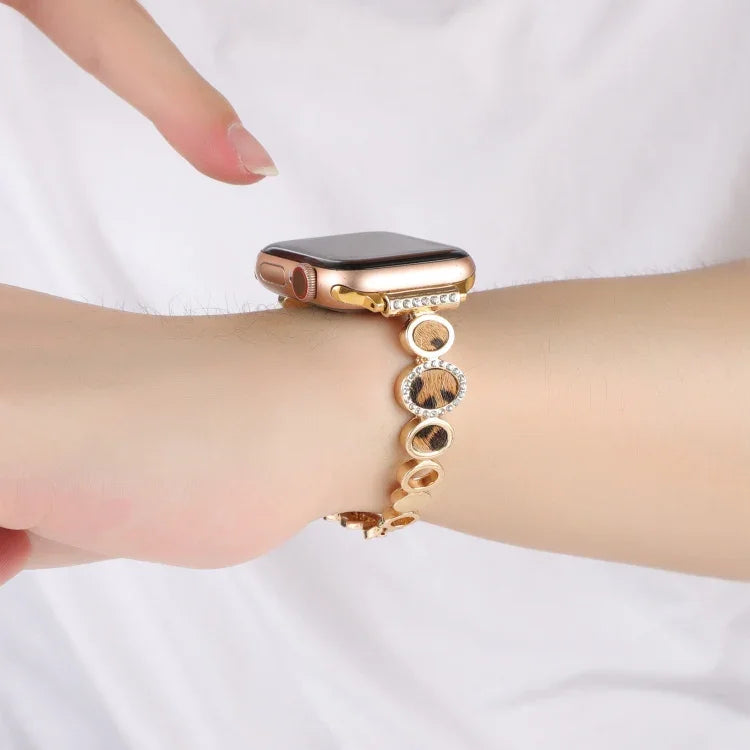 Leopard Rhinestones Metal Chain Watch Band, For Apple Watch 42mm, For Apple Watch 38mm