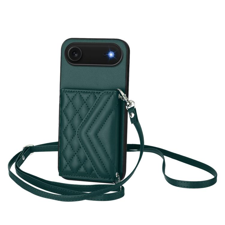 Rhombic Texture Card Bag RFID Phone Case with Long Lanyard, For iPhone 17 Pro Max, For iPhone 17 Pro, For iPhone 17, For iPhone Air, For iPhone 16 Pro Max, For iPhone 16 Pro, For iPhone 16 Plus, For iPhone 16