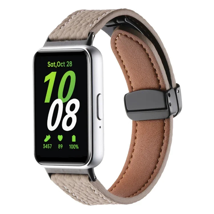 Litchi Texture Magnetic Black Buckle Leather Watch Band, For Samsung Galaxy Fit 3