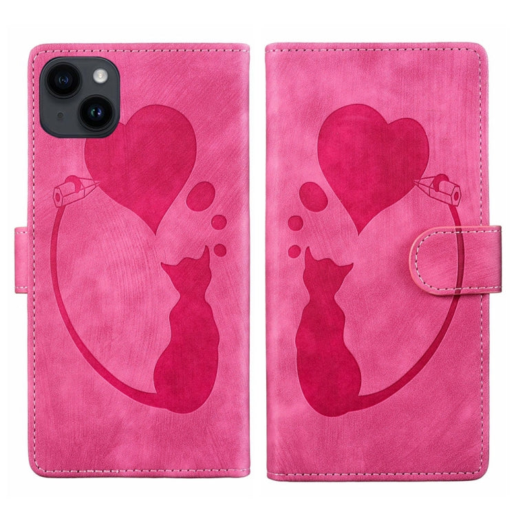Pen Heart Cat Embossed Leather Phone Case, For iPhone 14 Plus, For iPhone 14, For iPhone 14 Pro, For iPhone 14 Pro Max, For iPhone 7 / 8 / SE 2022, For iPhone 13 Pro Max, For iPhone 13 Pro, For iPhone 13
