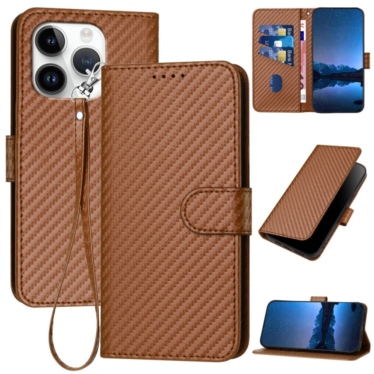 YX0070 Carbon Fiber Buckle Leather Phone Case with Lanyard, For iPhone 16 Pro, For iPhone 16 Plus, For iPhone 16, For iPhone 15 Pro Max, For iPhone 15 Pro, For iPhone 15 Plus