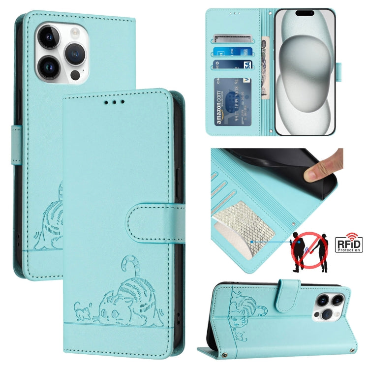 Cat Rat Embossed Pattern RFID Leather Phone Case with Lanyard, For iPhone 17 Pro Max, For iPhone 17 Pro, For iPhone 17, For iPhone Air, For iPhone SE 2024, For iPhone 15 Pro Max, For iPhone 15 Pro, For iPhone 15 Plus