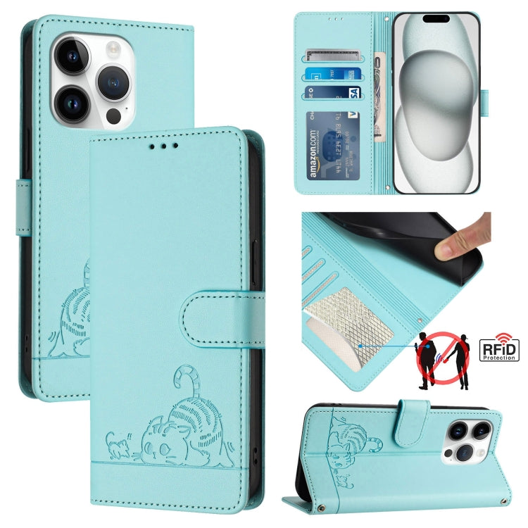 Cat Rat Embossed Pattern RFID Leather Phone Case with Lanyard, For iPhone 17 Pro Max, For iPhone 17 Pro, For iPhone 17, For iPhone Air, For iPhone SE 2024, For iPhone 15 Pro Max, For iPhone 15 Pro, For iPhone 15 Plus