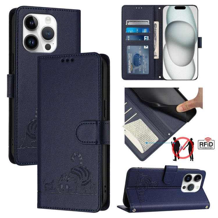 Cat Rat Embossed Pattern RFID Leather Phone Case with Lanyard, For iPhone 17 Pro Max, For iPhone 17 Pro, For iPhone 17, For iPhone Air, For iPhone SE 2024, For iPhone 15 Pro Max, For iPhone 15 Pro, For iPhone 15 Plus