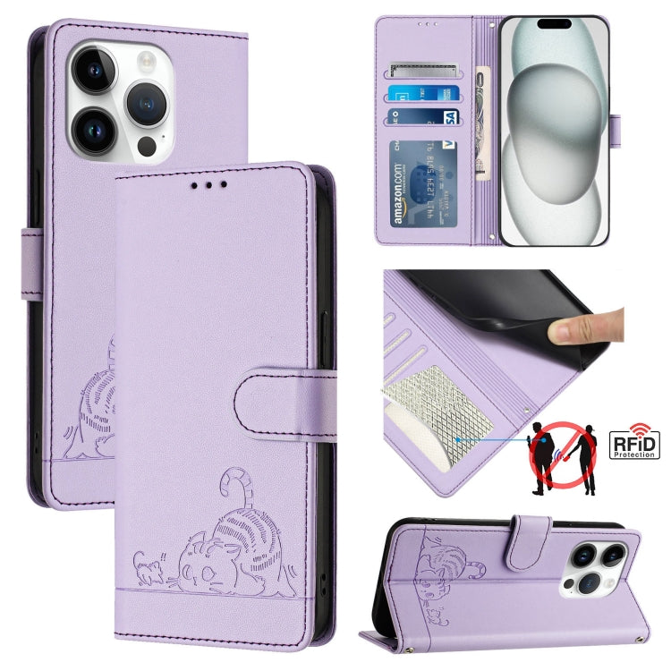 Cat Rat Embossed Pattern RFID Leather Phone Case with Lanyard, For iPhone 17 Pro Max, For iPhone 17 Pro, For iPhone 17, For iPhone Air, For iPhone SE 2024, For iPhone 15 Pro Max, For iPhone 15 Pro, For iPhone 15 Plus