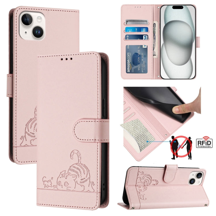 Cat Rat Embossed Pattern RFID Leather Phone Case with Lanyard, For iPhone 17 Pro Max, For iPhone 17 Pro, For iPhone 17, For iPhone Air, For iPhone SE 2024, For iPhone 15 Pro Max, For iPhone 15 Pro, For iPhone 15 Plus