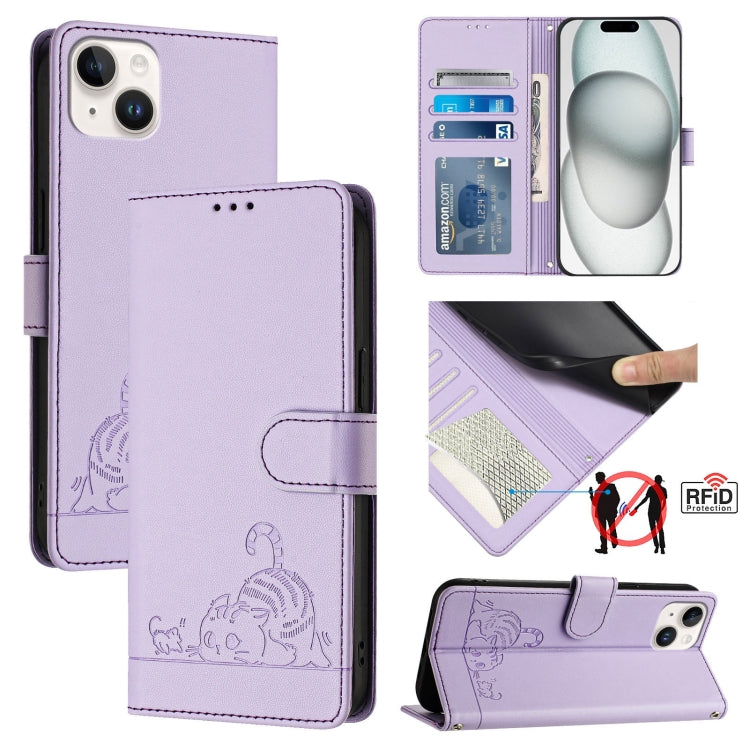 Cat Rat Embossed Pattern RFID Leather Phone Case with Lanyard, For iPhone 17 Pro Max, For iPhone 17 Pro, For iPhone 17, For iPhone Air, For iPhone SE 2024, For iPhone 15 Pro Max, For iPhone 15 Pro, For iPhone 15 Plus