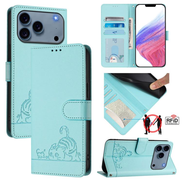 Cat Rat Embossed Pattern RFID Leather Phone Case with Lanyard, For iPhone 17 Pro Max, For iPhone 17 Pro, For iPhone 17, For iPhone Air, For iPhone SE 2024, For iPhone 15 Pro Max, For iPhone 15 Pro, For iPhone 15 Plus