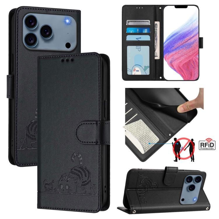 Cat Rat Embossed Pattern RFID Leather Phone Case with Lanyard, For iPhone 17 Pro Max, For iPhone 17 Pro, For iPhone 17, For iPhone Air, For iPhone SE 2024, For iPhone 15 Pro Max, For iPhone 15 Pro, For iPhone 15 Plus