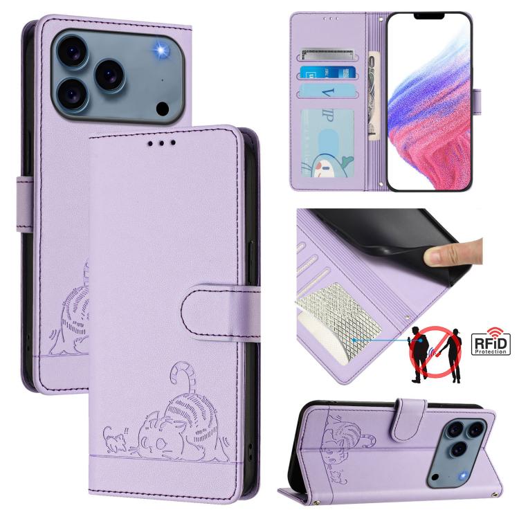 Cat Rat Embossed Pattern RFID Leather Phone Case with Lanyard, For iPhone 17 Pro Max, For iPhone 17 Pro, For iPhone 17, For iPhone Air, For iPhone SE 2024, For iPhone 15 Pro Max, For iPhone 15 Pro, For iPhone 15 Plus