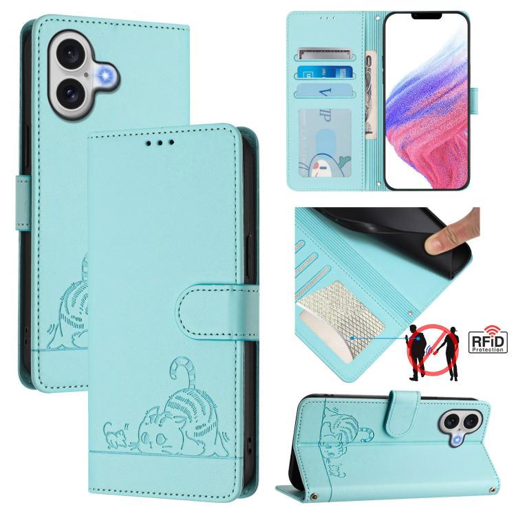 Cat Rat Embossed Pattern RFID Leather Phone Case with Lanyard, For iPhone 17 Pro Max, For iPhone 17 Pro, For iPhone 17, For iPhone Air, For iPhone SE 2024, For iPhone 15 Pro Max, For iPhone 15 Pro, For iPhone 15 Plus