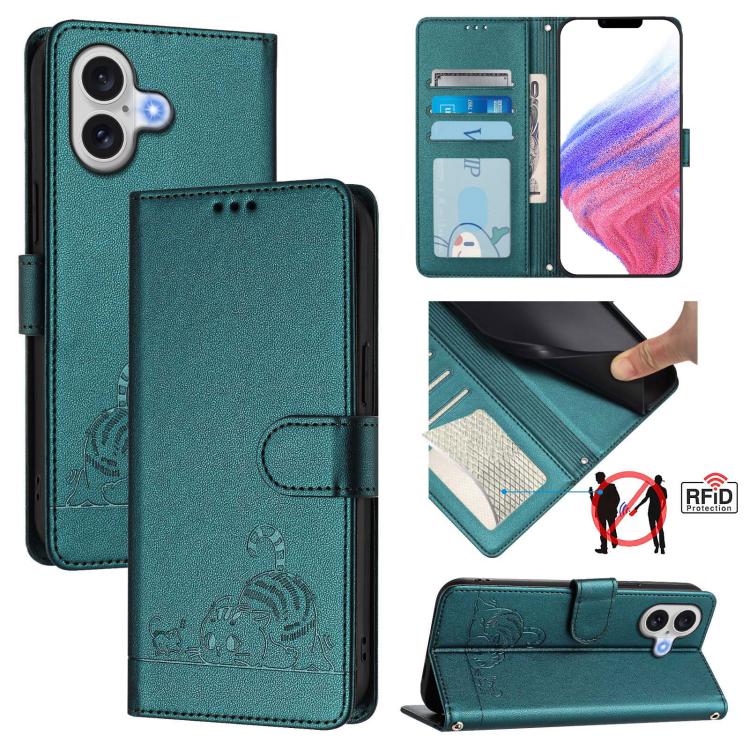 Cat Rat Embossed Pattern RFID Leather Phone Case with Lanyard, For iPhone 17 Pro Max, For iPhone 17 Pro, For iPhone 17, For iPhone Air, For iPhone SE 2024, For iPhone 15 Pro Max, For iPhone 15 Pro, For iPhone 15 Plus