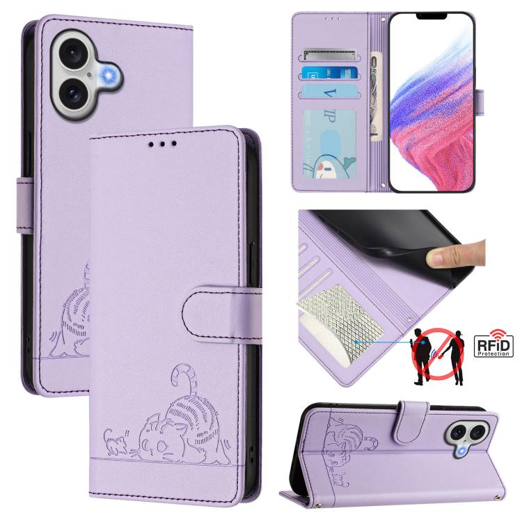 Cat Rat Embossed Pattern RFID Leather Phone Case with Lanyard, For iPhone 17 Pro Max, For iPhone 17 Pro, For iPhone 17, For iPhone Air, For iPhone SE 2024, For iPhone 15 Pro Max, For iPhone 15 Pro, For iPhone 15 Plus