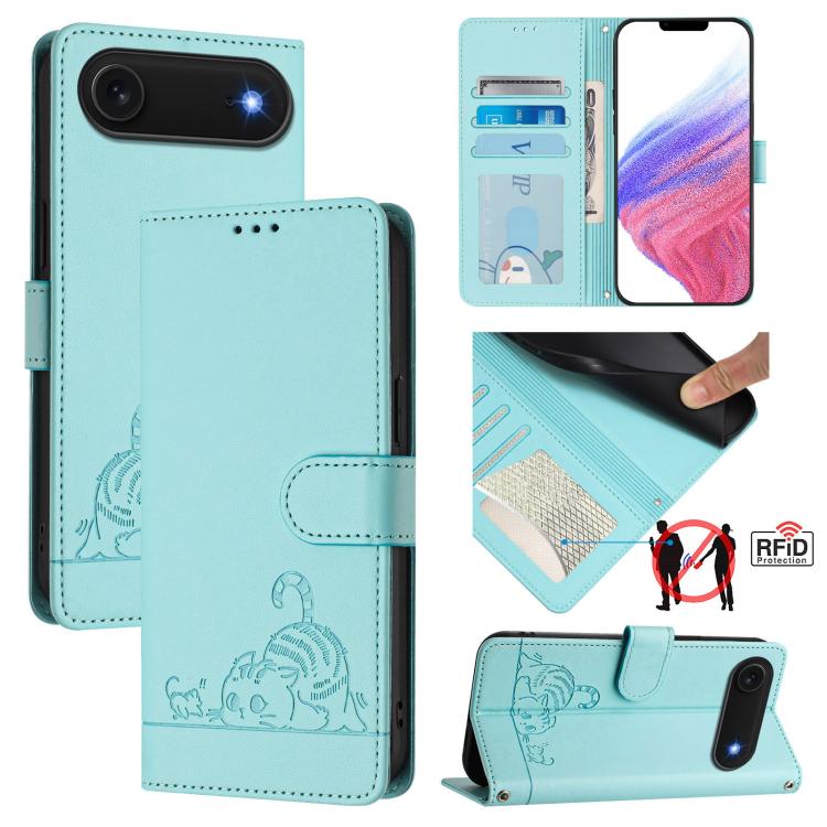 Cat Rat Embossed Pattern RFID Leather Phone Case with Lanyard, For iPhone 17 Pro Max, For iPhone 17 Pro, For iPhone 17, For iPhone Air, For iPhone SE 2024, For iPhone 15 Pro Max, For iPhone 15 Pro, For iPhone 15 Plus