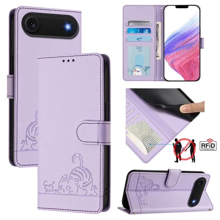 Cat Rat Embossed Pattern RFID Leather Phone Case with Lanyard, For iPhone 17 Pro Max, For iPhone 17 Pro, For iPhone 17, For iPhone Air, For iPhone SE 2024, For iPhone 15 Pro Max, For iPhone 15 Pro, For iPhone 15 Plus