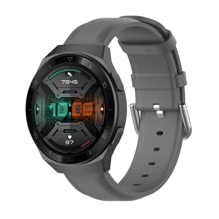 22mm Leather Strap with Round Tail Buckle, For Ticwatch Pro 2020, For Huawei Watch GT2E, For Samsung Galaxy Watch 3 45mm