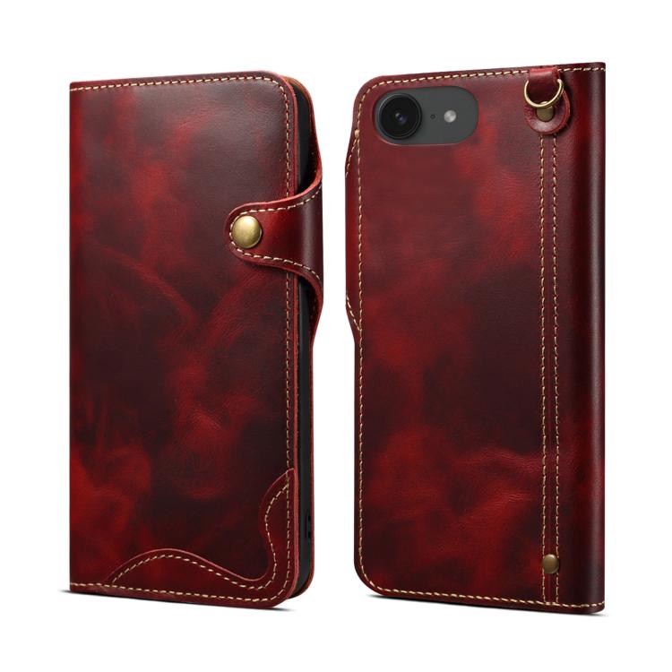 Denior B01 Oil Wax Cowhide Magnetic Button Genuine Leather Case, For iPhone 17e / 16e, For iPhone 16 Pro Max, For iPhone 16 Pro, For iPhone 16 Plus, For iPhone 16
