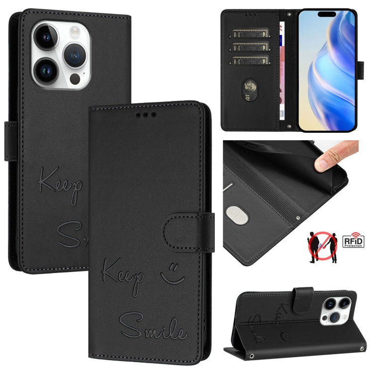 Smile Embossing RFID Leather Phone Case, For iPhone 17 Pro Max, For iPhone 17 Pro, For iPhone 17, For iPhone Air, For iPhone SE 2024, For iPhone 16 Pro Max, For iPhone 16 Pro, For iPhone 16 Plus