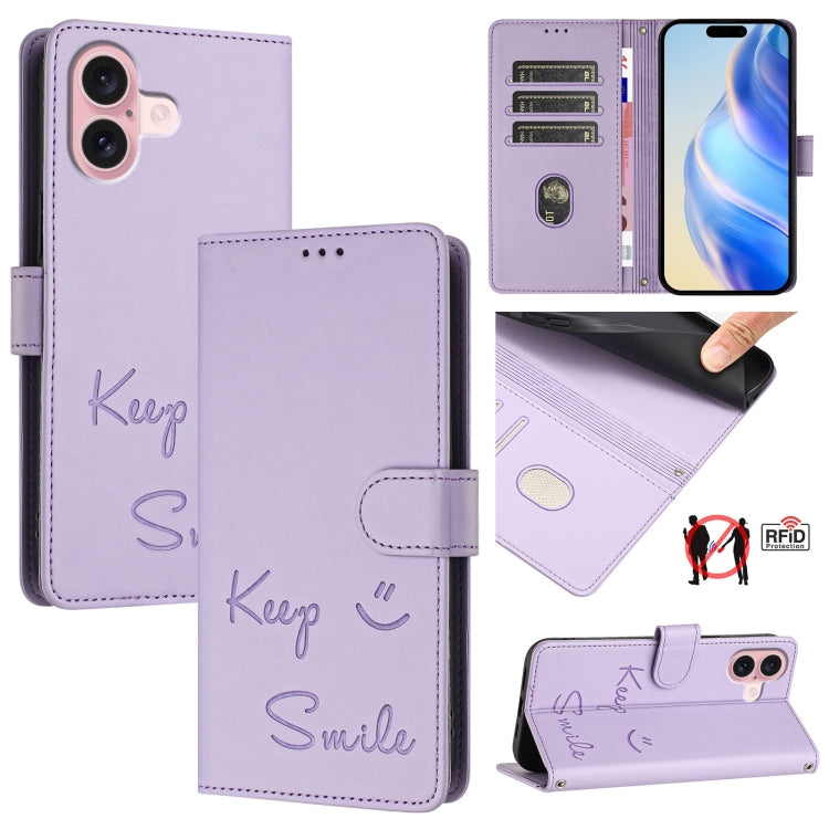 Smile Embossing RFID Leather Phone Case, For iPhone 16, For iPhone 15 Pro Max, For iPhone 15 Pro, For iPhone 15 Plus, For iPhone 15, For iPhone 14 Plus, For iPhone 14 / 13, For iPhone 14 Pro