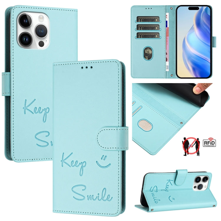 Smile Embossing RFID Leather Phone Case, For iPhone 16, For iPhone 15 Pro Max, For iPhone 15 Pro, For iPhone 15 Plus, For iPhone 15, For iPhone 14 Plus, For iPhone 14 / 13, For iPhone 14 Pro