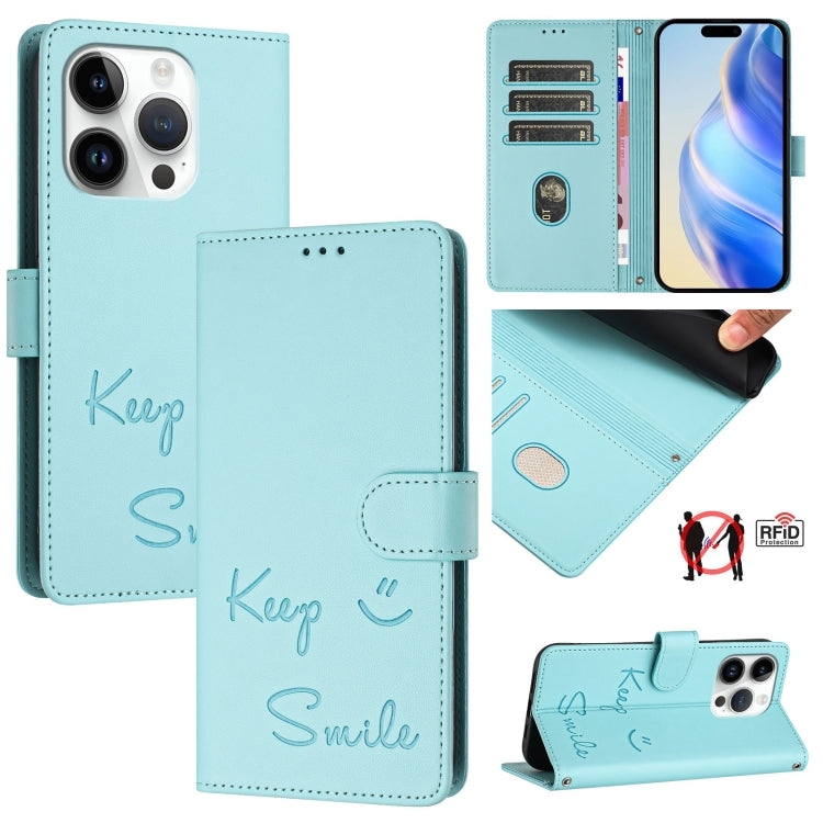 Smile Embossing RFID Leather Phone Case, For iPhone 16, For iPhone 15 Pro Max, For iPhone 15 Pro, For iPhone 15 Plus, For iPhone 15, For iPhone 14 Plus, For iPhone 14 / 13, For iPhone 14 Pro