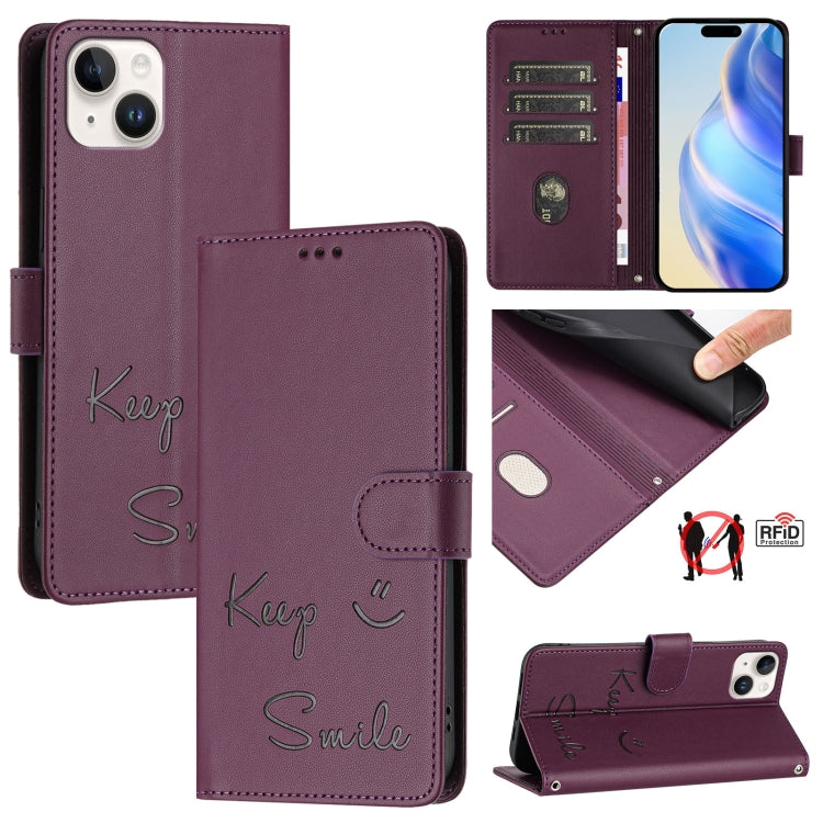 Smile Embossing RFID Leather Phone Case, For iPhone 16, For iPhone 15 Pro Max, For iPhone 15 Pro, For iPhone 15 Plus, For iPhone 15, For iPhone 14 Plus, For iPhone 14 / 13, For iPhone 14 Pro