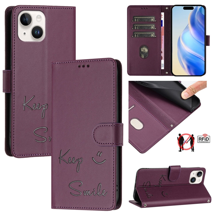 Smile Embossing RFID Leather Phone Case, For iPhone 16, For iPhone 15 Pro Max, For iPhone 15 Pro, For iPhone 15 Plus, For iPhone 15, For iPhone 14 Plus, For iPhone 14 / 13, For iPhone 14 Pro