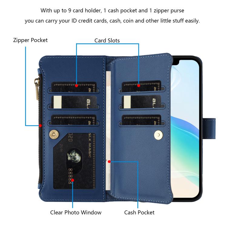 Magnetic Closure 9 Card Slots Zipper Leather Case with Hand Strap, For iPhone 14 Pro Max, For iPhone SE 2022 / 2020 / 8 / 7, For iPhone 13 Pro Max, For iPhone 13 Pro, For iPhone 13 mini, For iPhone 12 / 12 Pro, For iPhone 12 Pro Max, For iPhone 12 mini