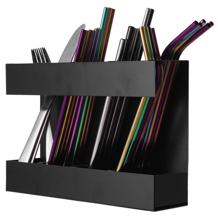Four-grid Straw Cutlery Metal Storage Rack Kitchen Organizer with 12pcs Soft Magnetic Sheet, with 12pcs Soft Magnetic Sheet