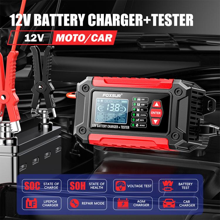 FOXSUR FTC-1206 2 in 1 12V Charging Tester Integrated Machine Car Motorcycle Battery Charger Tester, EU Plug, US Plug, UK Plug, AU Plug