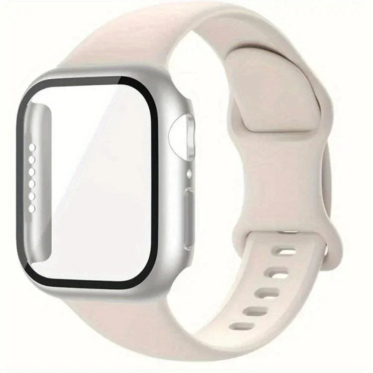 Butterfly Buckle Silicone Watch Band with Film Integrated PC Cover, For Apple Watch Series 44mm, For Apple Watch Series 40mm, For Apple Watch Series 10 / 11 46mm, For Apple Watch Series 10 / 11 42mm, For Apple Watch Series 45mm                         ...