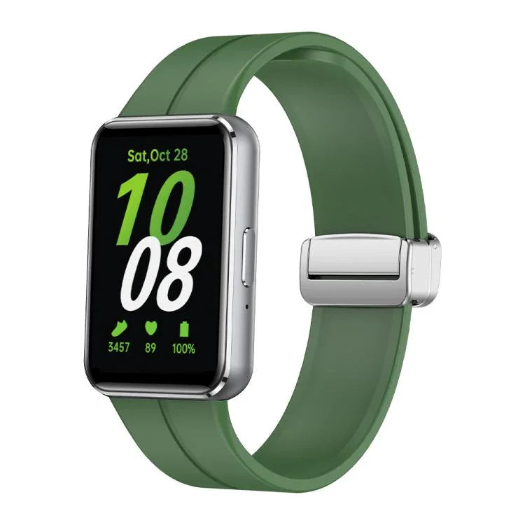 Magnetic Fold Silver Buckle Silicone Watch Band, For Samsung Galaxy Fit 3