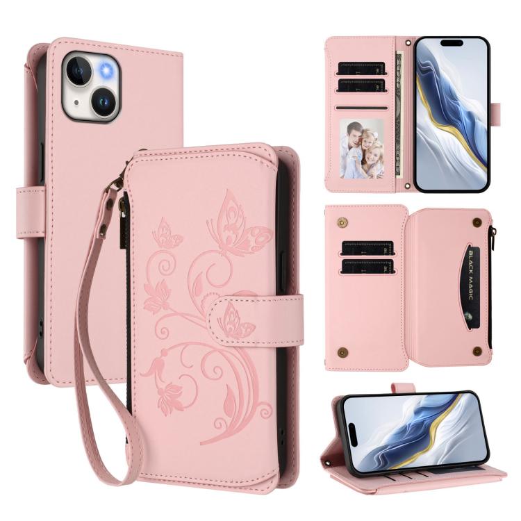 Butterfly Love Flower Multi-card Zipper Wallet Leather Phone Case, For iPhone 16 Pro, For iPhone 16 Plus, For iPhone 16, For iPhone 15 Pro Max, For iPhone 15 Pro, For iPhone 15 Plus