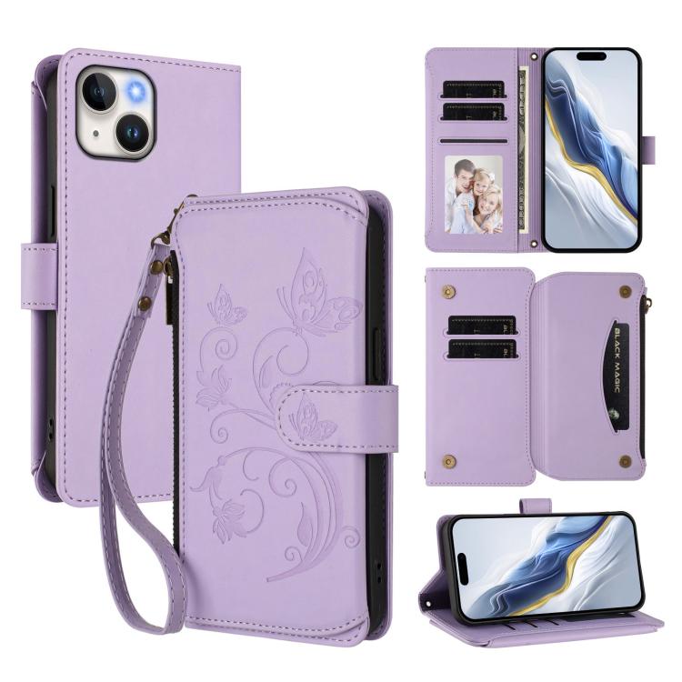 Butterfly Love Flower Multi-card Zipper Wallet Leather Phone Case, For iPhone 13 Pro Max, For iPhone 13 Pro, For iPhone 13 mini, For iPhone 12 / 12 Pro, For iPhone 12 Pro Max, For iPhone 12 mini