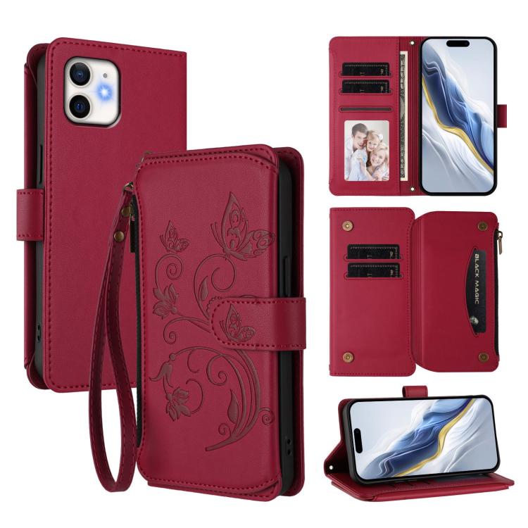 Butterfly Love Flower Multi-card Zipper Wallet Leather Phone Case, For iPhone 11 Pro Max, For iPhone 11, For iPhone 11 Pro, For iPhone X / XS, For iPhone XR, For iPhone XS Max
