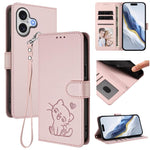 Embossed Heart Cat Leather Phone Case with Hand Strap, For iPhone 17e / 16e, For iPhone 17 Pro Max, For iPhone 17 Pro, For iPhone 17