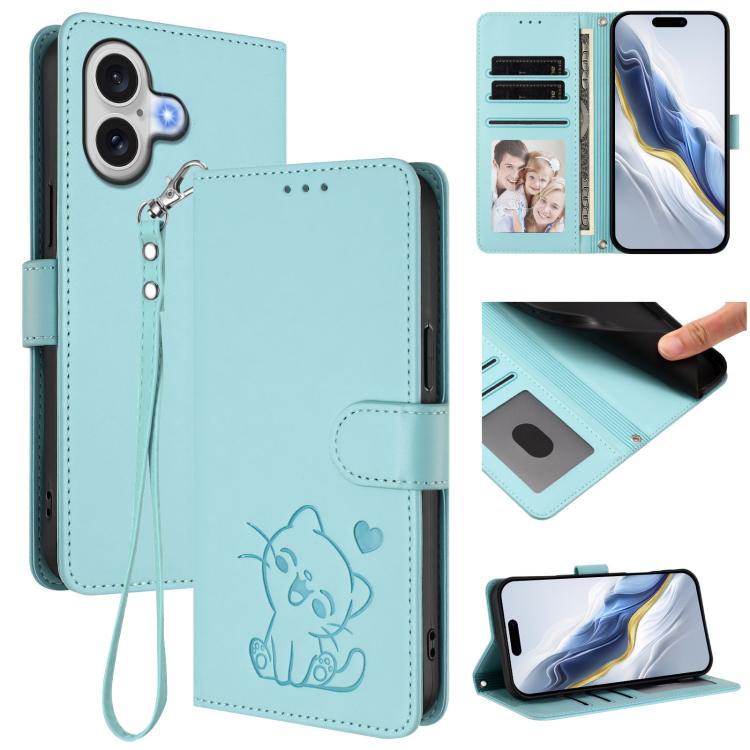 Embossed Heart Cat Leather Phone Case with Hand Strap, For iPhone 17e / 16e, For iPhone 17 Pro Max, For iPhone 17 Pro, For iPhone 17