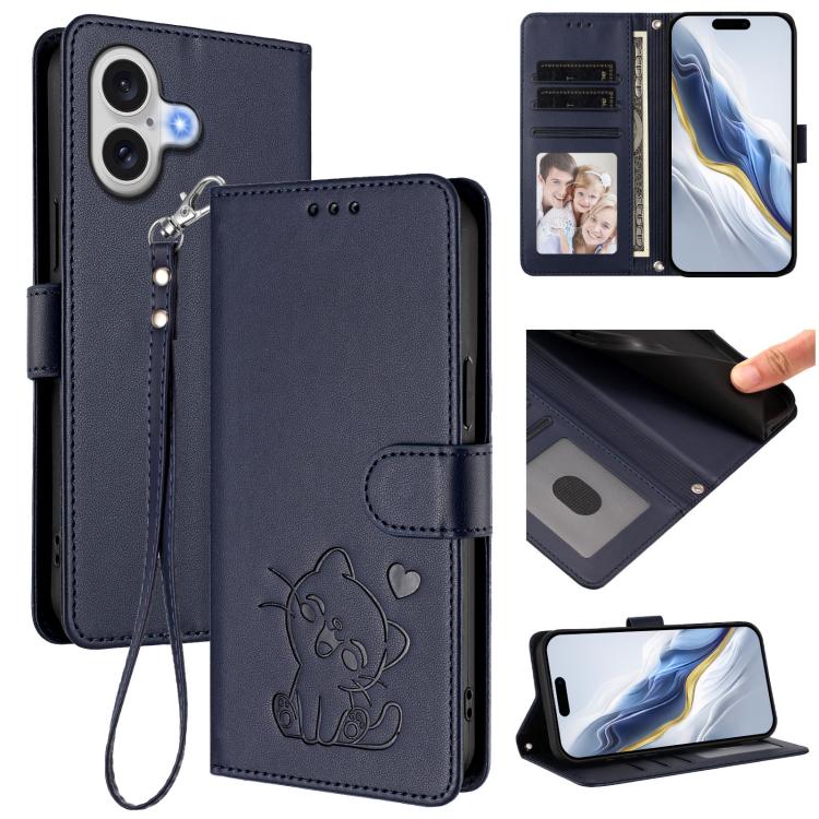 Embossed Heart Cat Leather Phone Case with Hand Strap, For iPhone 17e / 16e, For iPhone 17 Pro Max, For iPhone 17 Pro, For iPhone 17