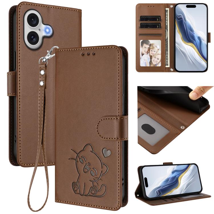 Embossed Heart Cat Leather Phone Case with Hand Strap, For iPhone 17e / 16e, For iPhone 17 Pro Max, For iPhone 17 Pro, For iPhone 17