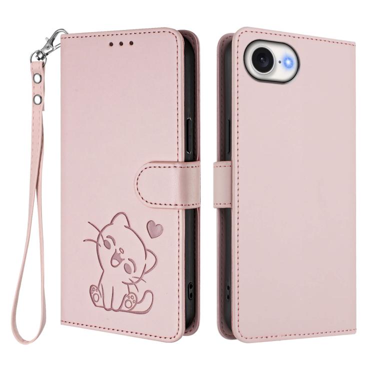 Embossed Heart Cat Leather Phone Case with Hand Strap, For iPhone 17e / 16e, For iPhone 17 Pro Max, For iPhone 17 Pro, For iPhone 17